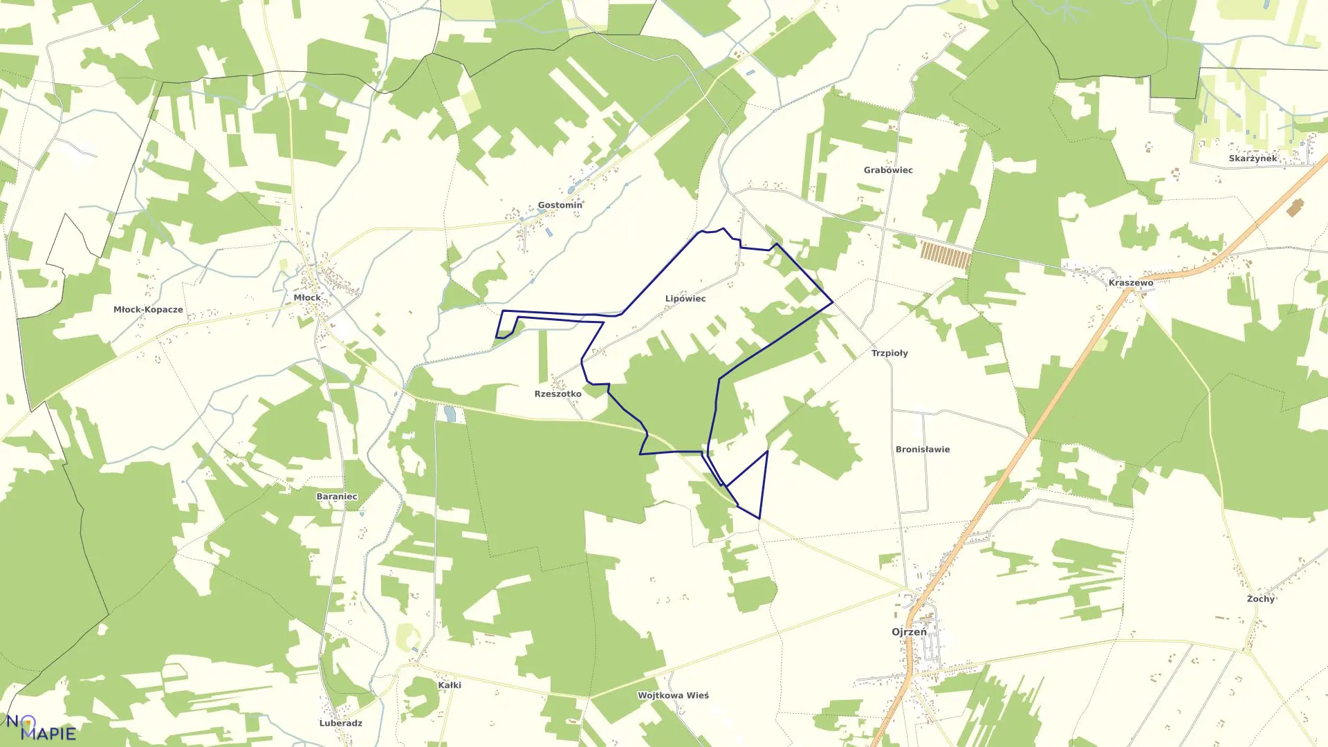 Mapa obrębu LIPÓWIEC w gminie Ojrzeń