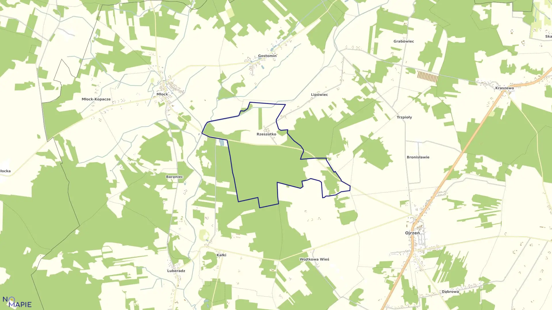 Mapa obrębu RZESZOTKO w gminie Ojrzeń